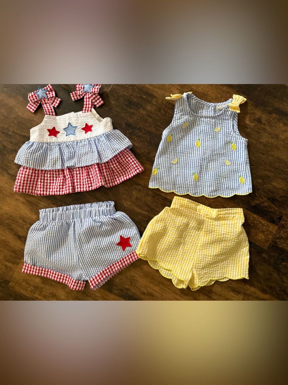 Rare Editions 12 month Summer Seersucker Outfit Set - Red, Blue, Yellow